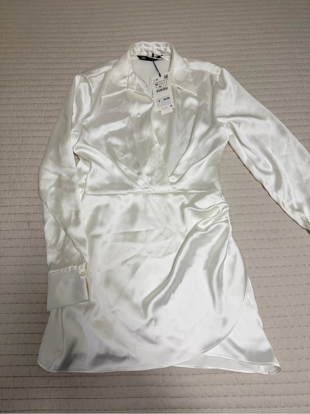 Zara Satin White Wrap-Style Long Sleeve Dress